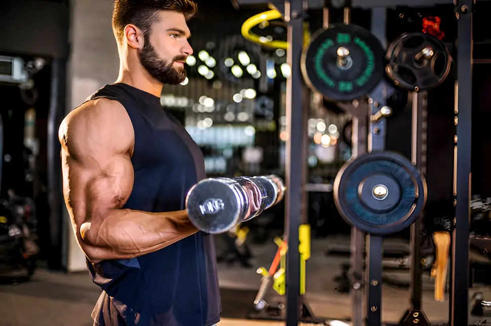 Rutina de 6 semanas para ganar fuerza y volumen 4 Hombre en el gimnasio haciendo curl de biceps con mancuernas - rutina de 6 semanas