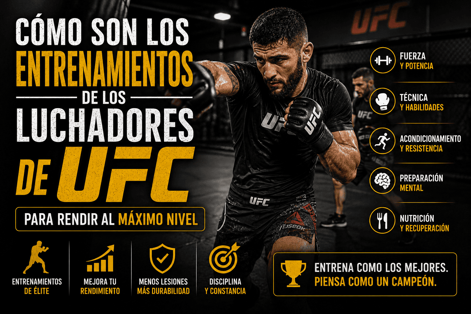 Luchador de UFC realizando una sesión de entrenamiento intensiva en gimnasio. Preparación física basada en fuerza, potencia, resistencia, técnica de combate, acondicionamiento y recuperación para rendir al máximo nivel en MMA.