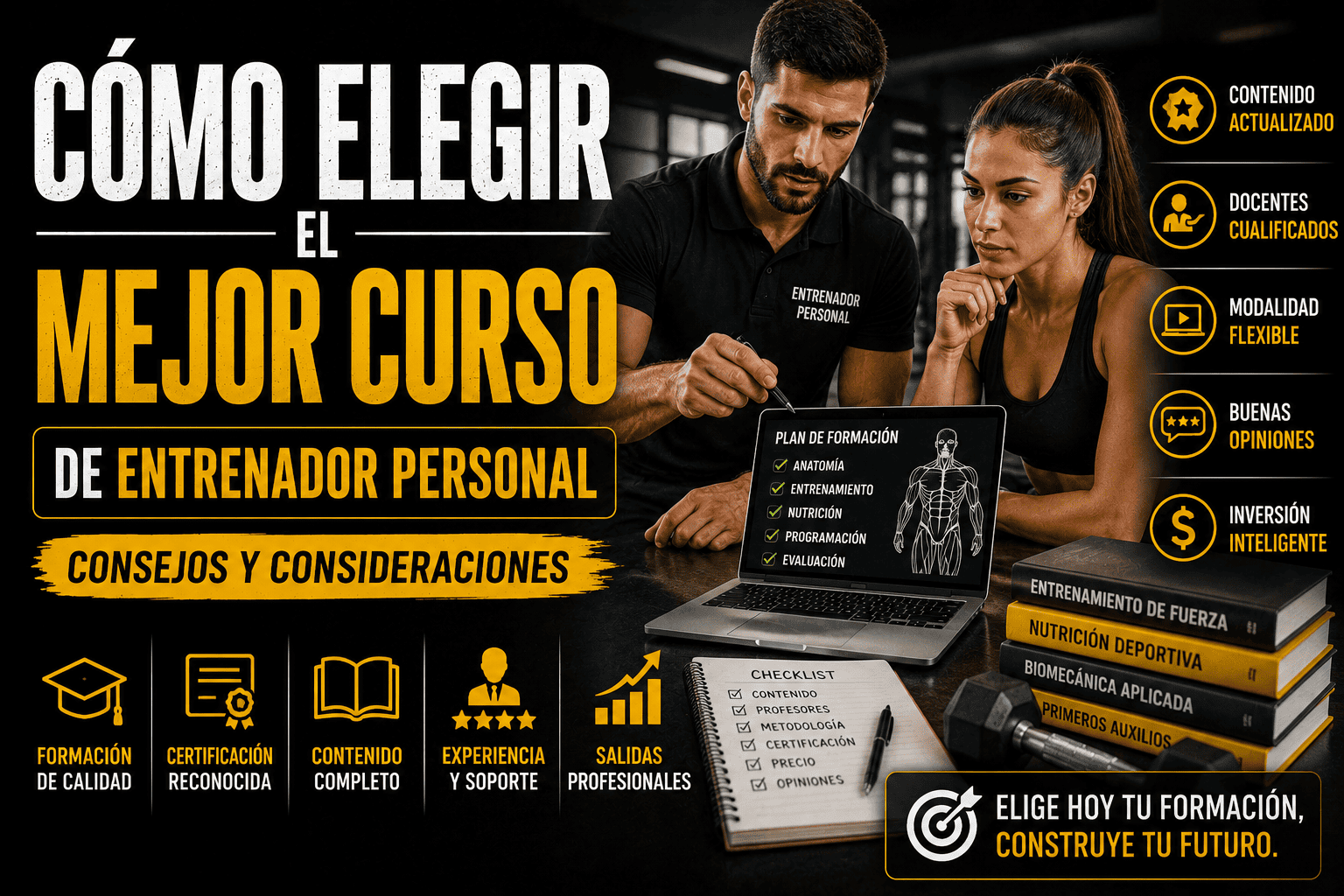 Guía para elegir el mejor curso de entrenador personal: profesional del fitness explicando contenidos de entrenamiento, nutrición, anatomía y programación del ejercicio para obtener una certificación de calidad y mejores oportunidades laborales.