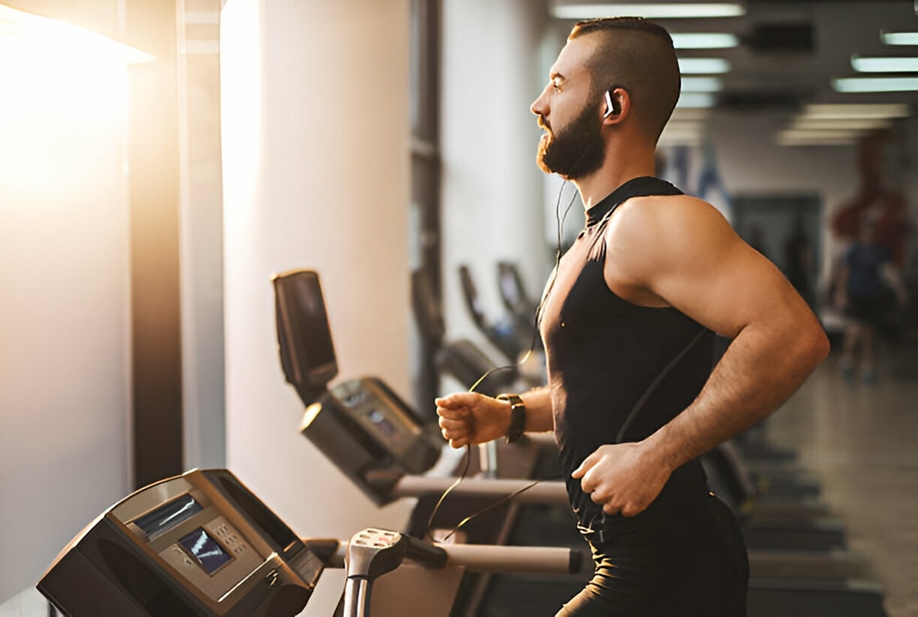 Endomorfo entrenando en el gimnasio en cinta