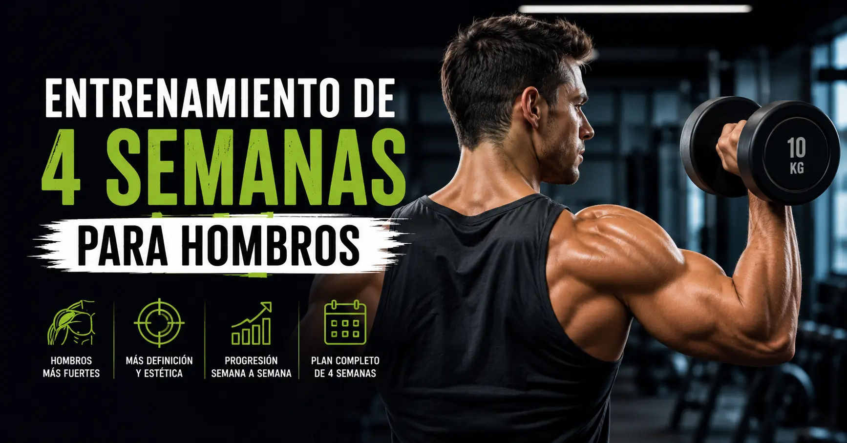 Hombre realizando un entrenamiento de hombros con mancuernas siguiendo una rutina de 4 semanas para ganar fuerza, masa muscular y definición