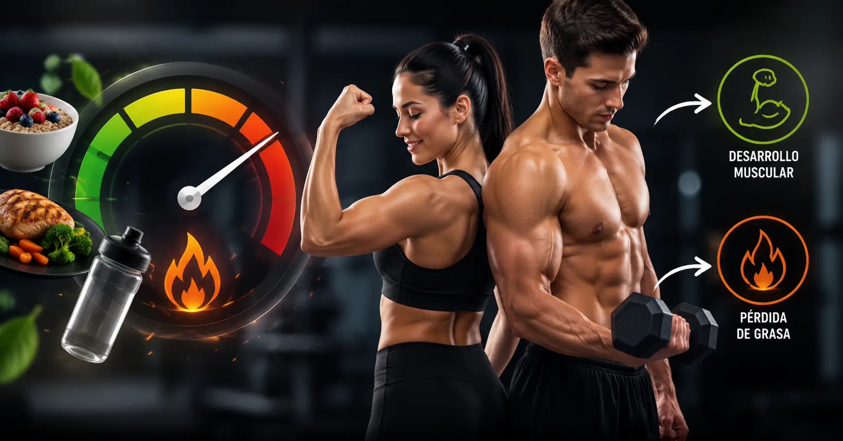 Hombre y mujer realizando entrenamiento de fuerza para estimular el metabolismo, favorecer la pérdida de grasa y desarrollar masa muscular de forma saludable