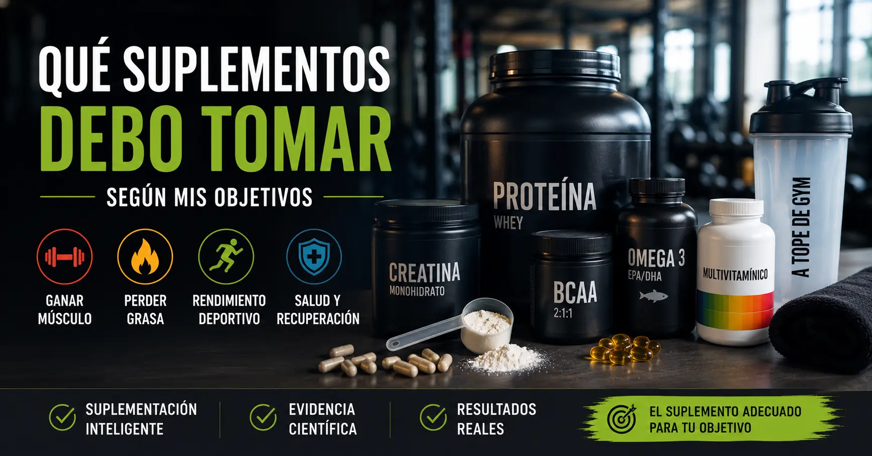 Suplementos deportivos como proteína, creatina, omega-3 y multivitamínico organizados según diferentes objetivos: ganar masa muscular, perder grasa, mejorar el rendimiento y favorecer la recuperación.