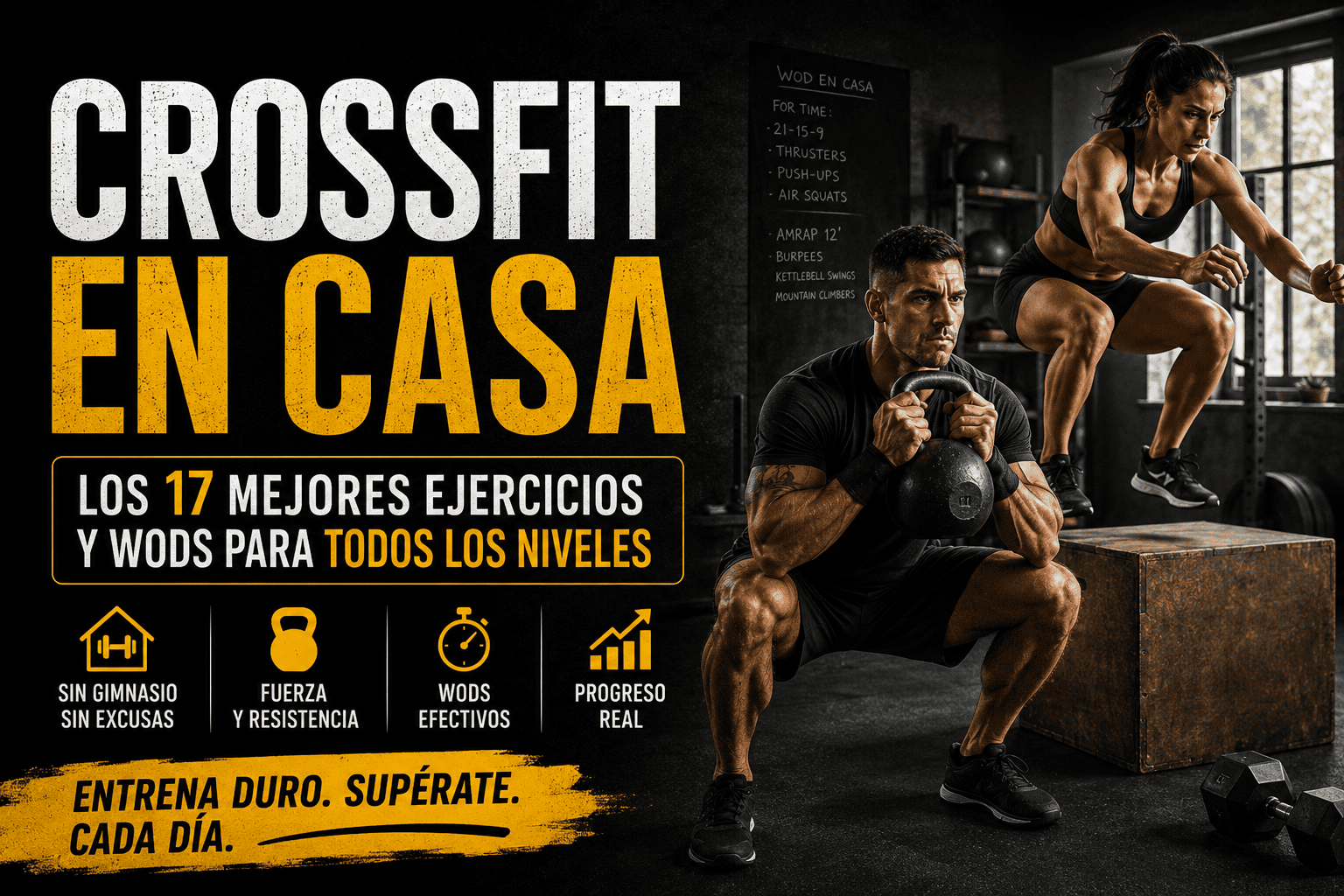CrossFit en casa: deportistas realizando ejercicios funcionales y WODs con kettlebell y salto al cajón. Guía con los 17 mejores ejercicios de CrossFit para entrenar en casa y mejorar fuerza, resistencia y acondicionamiento físico.