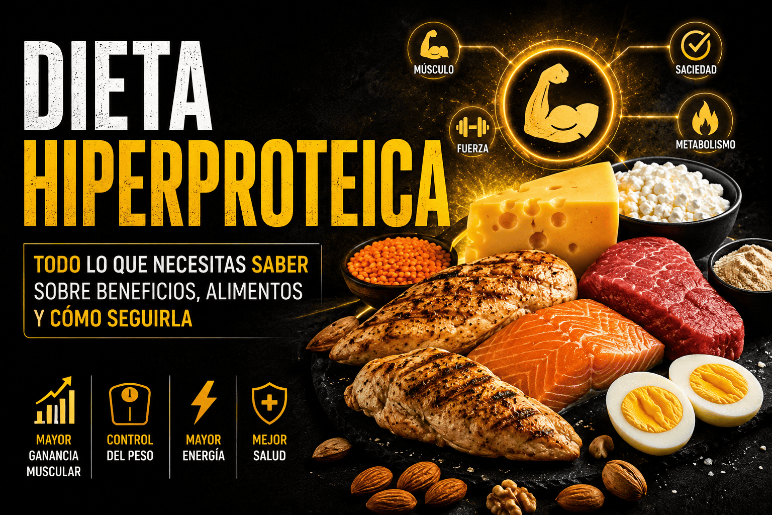 Dieta Hiperproteica: Qué Es, Cuánta Proteína Necesitas y Menús de Ejemplo 3 Dieta hiperproteica: guía sobre beneficios, alimentos recomendados y cómo seguir una alimentación rica en proteínas. Imagen con pollo, salmón, carne, huevos, queso y legumbres destacando la ganancia muscular, el control del peso y la mejora de la saciedad.