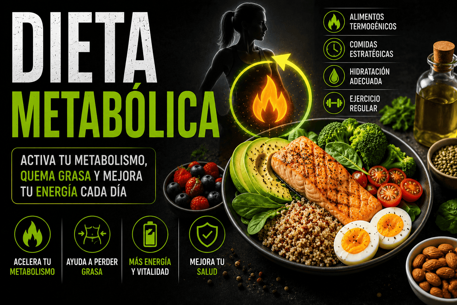 Dieta metabólica: qué es, cómo funciona y cuáles son sus beneficios. Imagen con alimentos ricos en proteínas y grasas saludables que ayudan a activar el metabolismo, mejorar la energía, favorecer la pérdida de grasa y optimizar la salud metabólica.