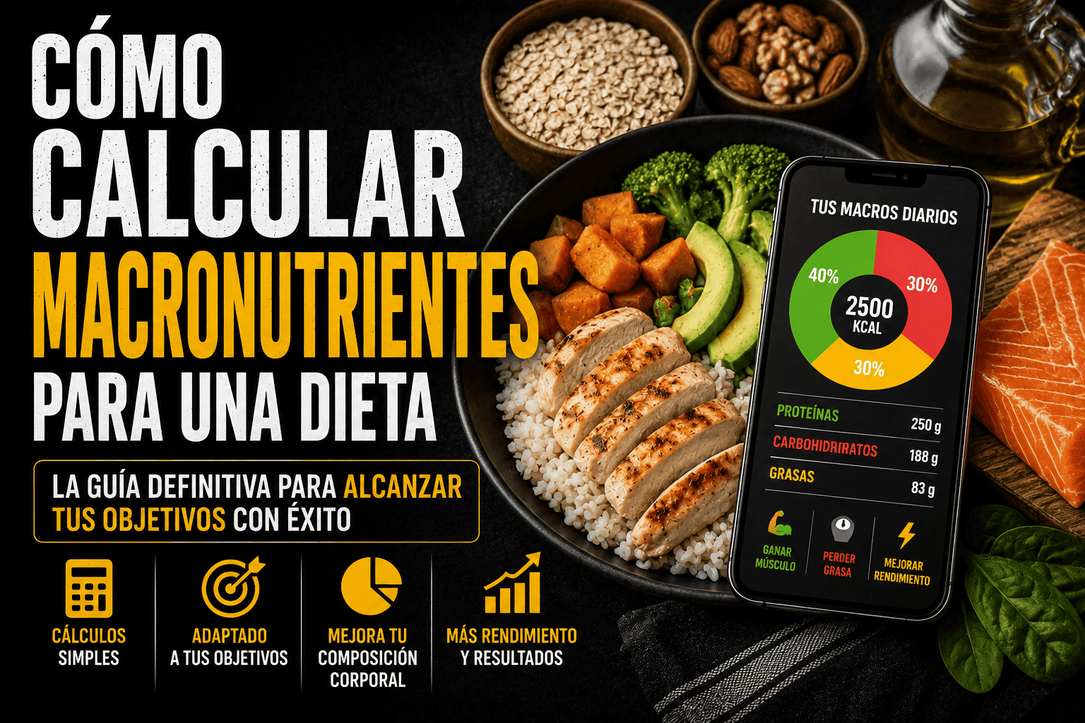 Guía para calcular macronutrientes en una dieta: distribución de proteínas, carbohidratos y grasas con alimentos saludables para ganar músculo, perder grasa o mejorar el rendimiento deportivo.