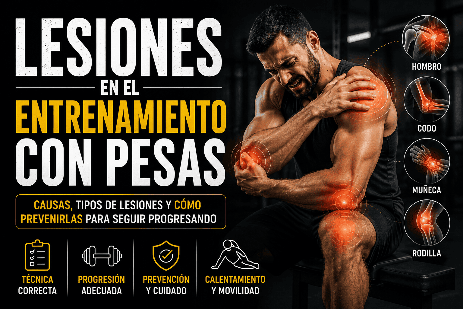 Lesiones en el Entrenamiento con Pesas: Prevención, Tipos y Recuperación 1 Lesiones en el entrenamiento con pesas: causas, tipos de lesiones y cómo prevenirlas. Imagen que muestra a un deportista con dolor muscular y articular, destacando las zonas más afectadas en el gimnasio como hombros, codos, muñecas y rodillas.