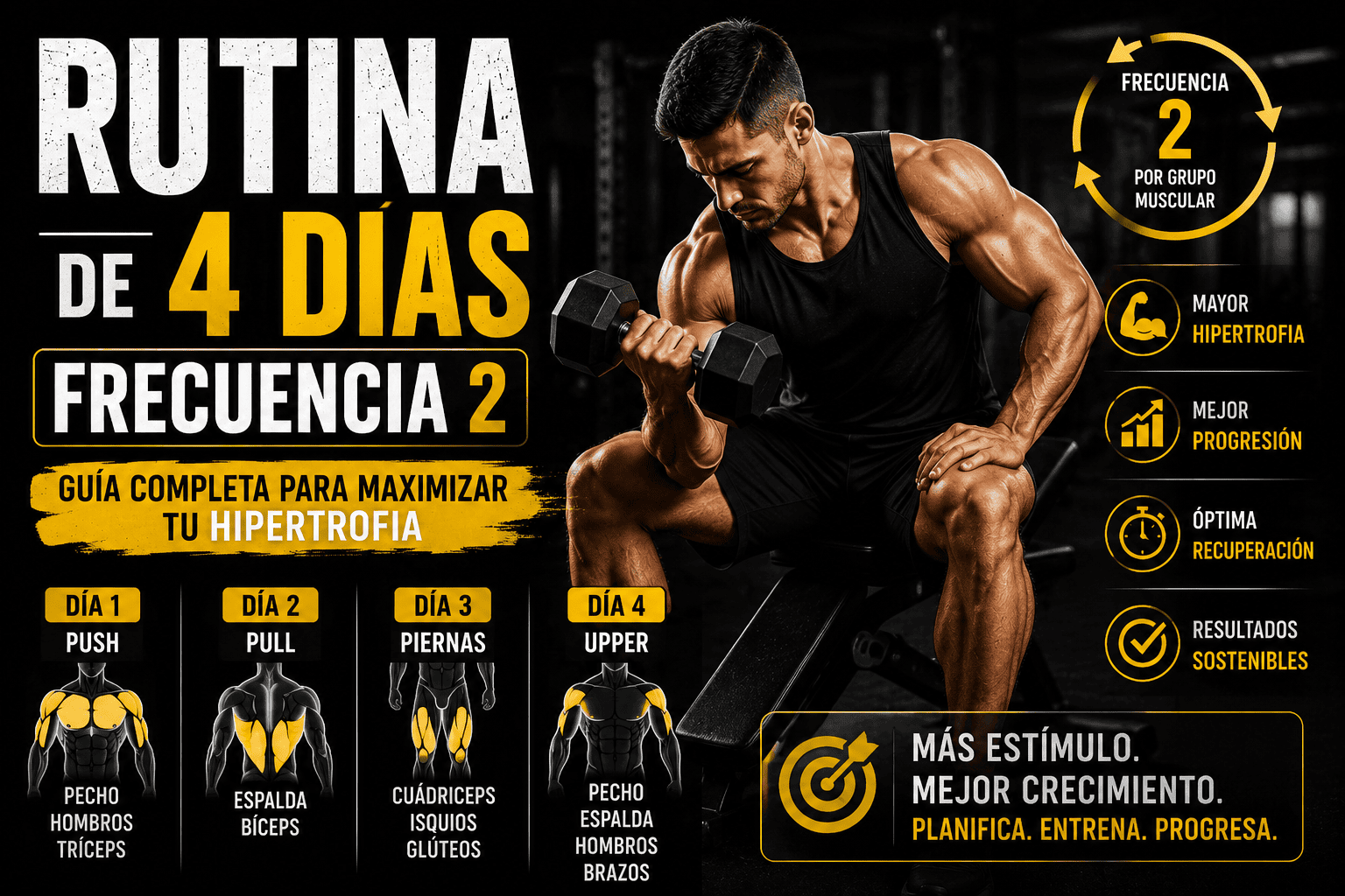 Rutina de 4 días frecuencia 2 para ganar masa muscular: entrenamiento de hipertrofia con división Push Pull Legs y Upper, orientado a maximizar el crecimiento muscular, la progresión de cargas y la recuperación.