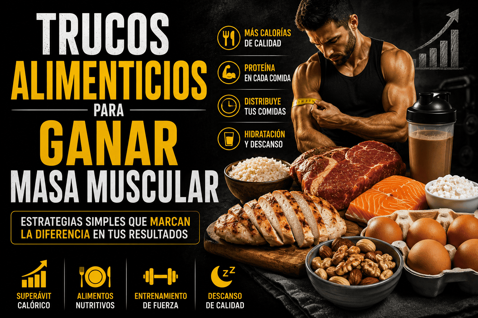 Trucos alimenticios para ganar masa muscular de forma efectiva. Imagen con alimentos proteicos y consejos clave como aumentar las calorías, consumir proteína en cada comida, entrenar fuerza y descansar adecuadamente para maximizar el crecimiento muscular.