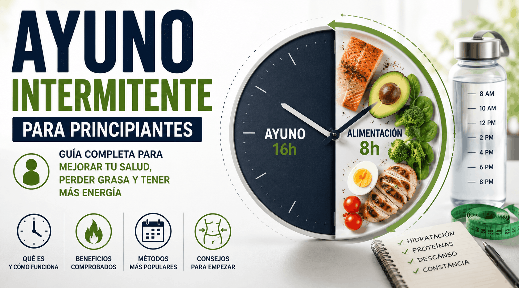 Guía visual sobre ayuno intermitente para principiantes con ejemplo del protocolo 16/8, alimentos saludables, hidratación y hábitos clave para perder grasa, mejorar la salud metabólica y aumentar la energía de forma sostenible.
