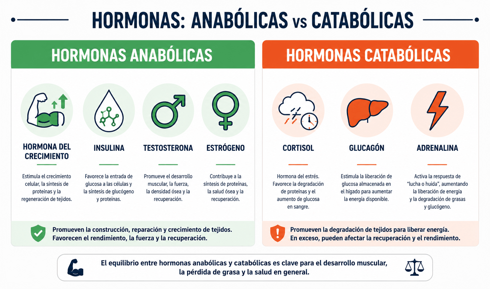 Infografía comparativa de las hormonas anabólicas y catabólicas, mostrando la hormona del crecimiento, insulina, testosterona, estrógeno, cortisol, glucagón y adrenalina, y su función en el metabolismo, el crecimiento muscular y la producción de energía.