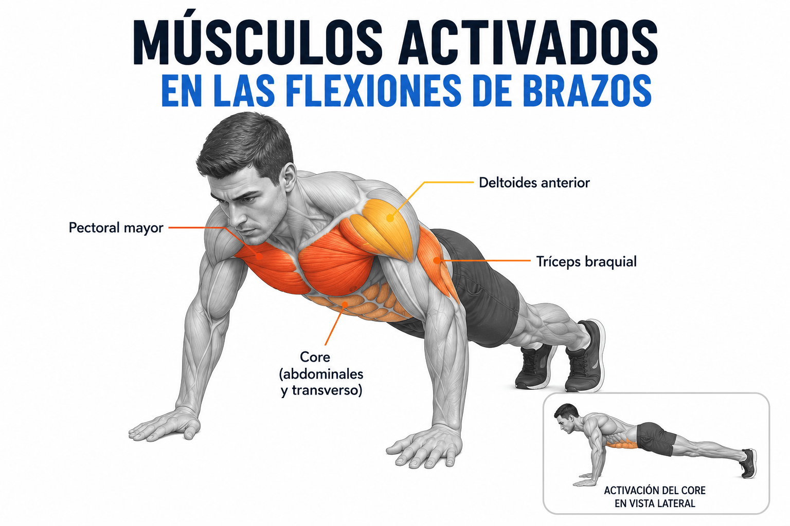 Diagrama de músculos activados en las flexiones de brazos