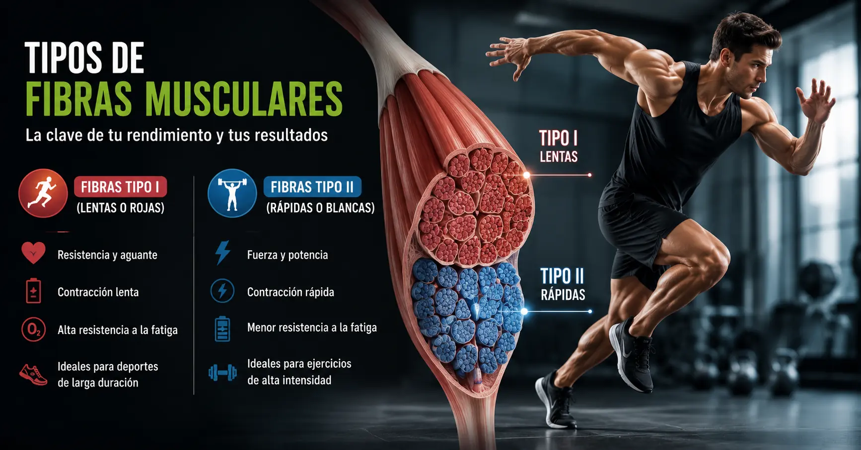Infografía sobre los tipos de fibras musculares tipo I y tipo II, sus características, diferencias y cómo influyen en la fuerza, la potencia, la resistencia y la hipertrofia muscular.