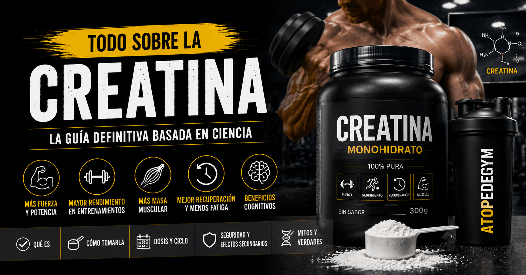 La creatina y todo lo que debes saber sobre ella 7 Bote de creatina monohidrato junto a material de entrenamiento para explicar qué es, beneficios, dosis y cómo tomar creatina