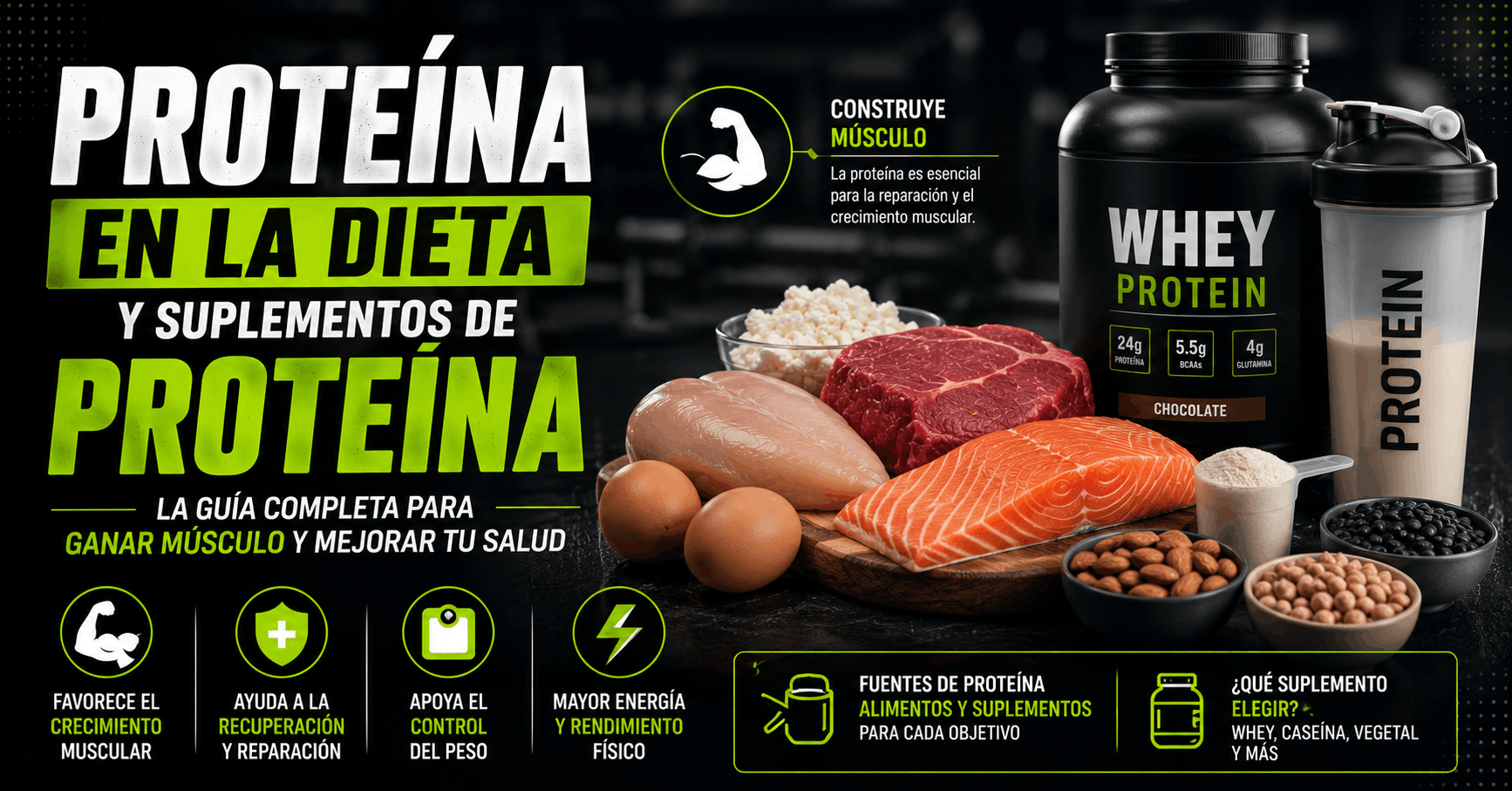 Guía sobre proteína en la dieta y suplementos de proteína con alimentos proteicos y proteína whey para ganar músculo.