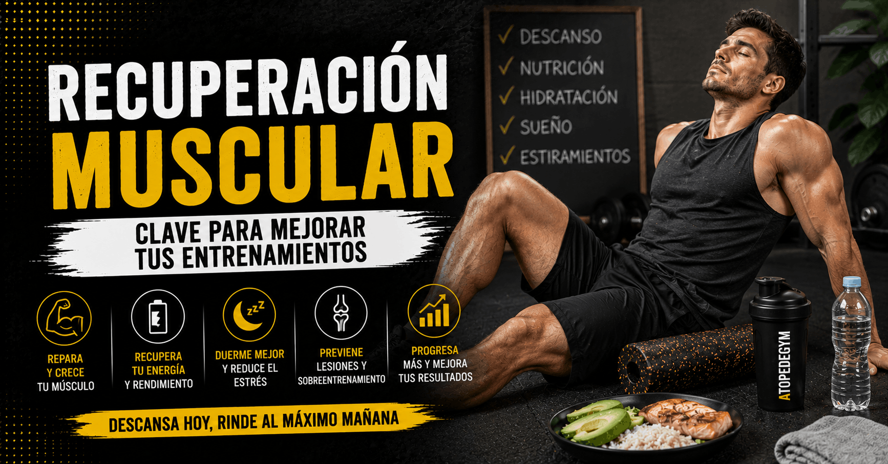 Persona descansando tras entrenar para favorecer la recuperación muscular con nutrición, hidratación y descanso