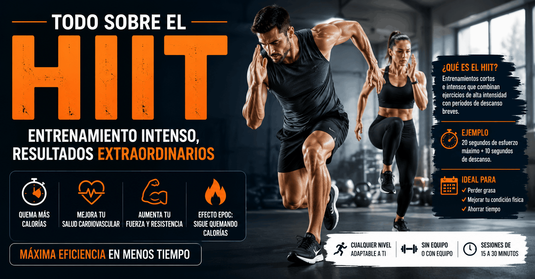 Entrenamiento HIIT de alta intensidad con ejercicios explosivos para mejorar la condición física, acelerar la quema de grasa y aumentar el gasto calórico. Imagen sobre intervalos de alta intensidad, efecto EPOC, resistencia cardiovascular y entrenamiento eficiente.