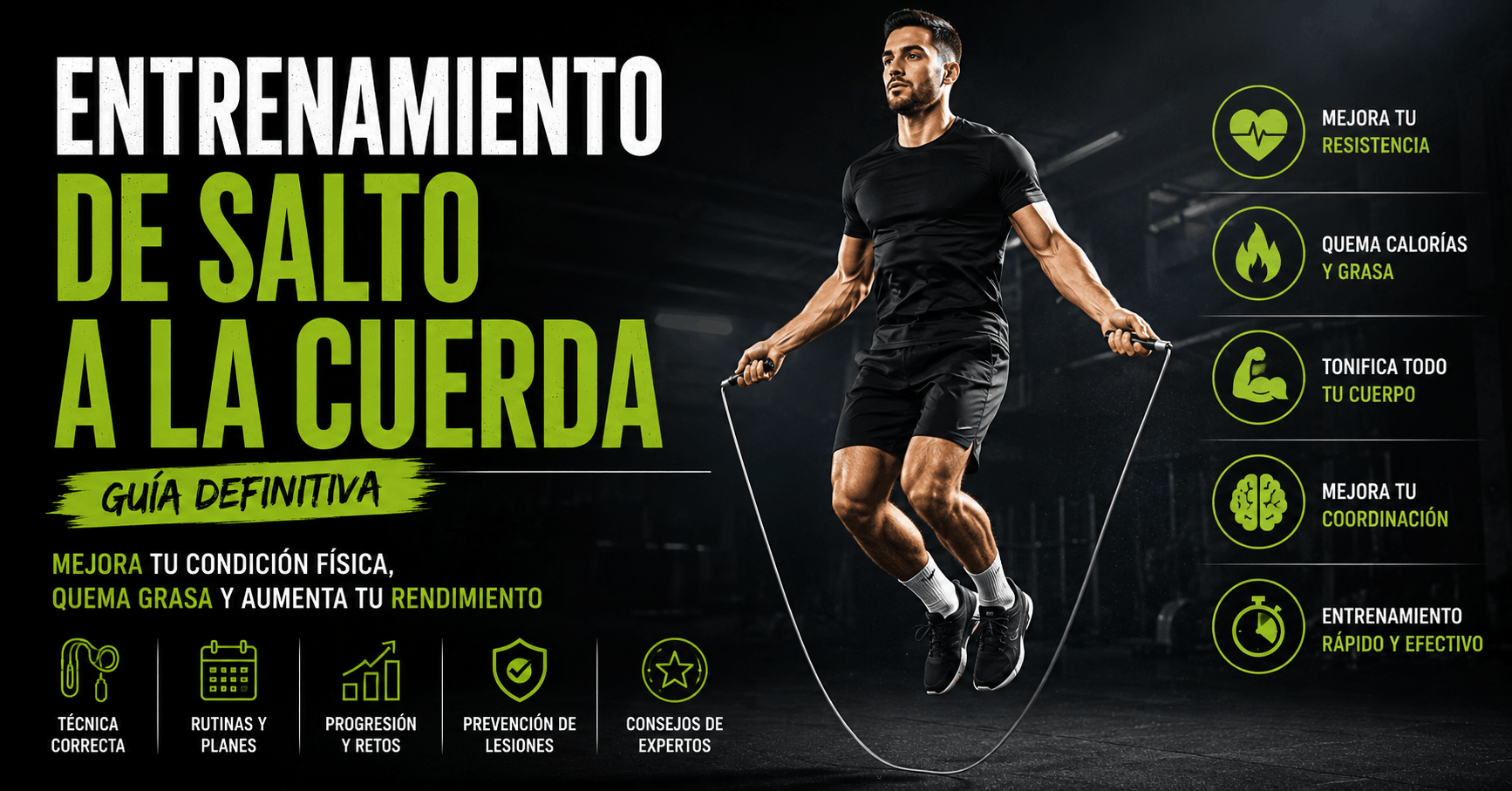 Persona saltando a la comba en entrenamiento cardiovascular, ilustración dinámica de fitness y guía de salto a la cuerda