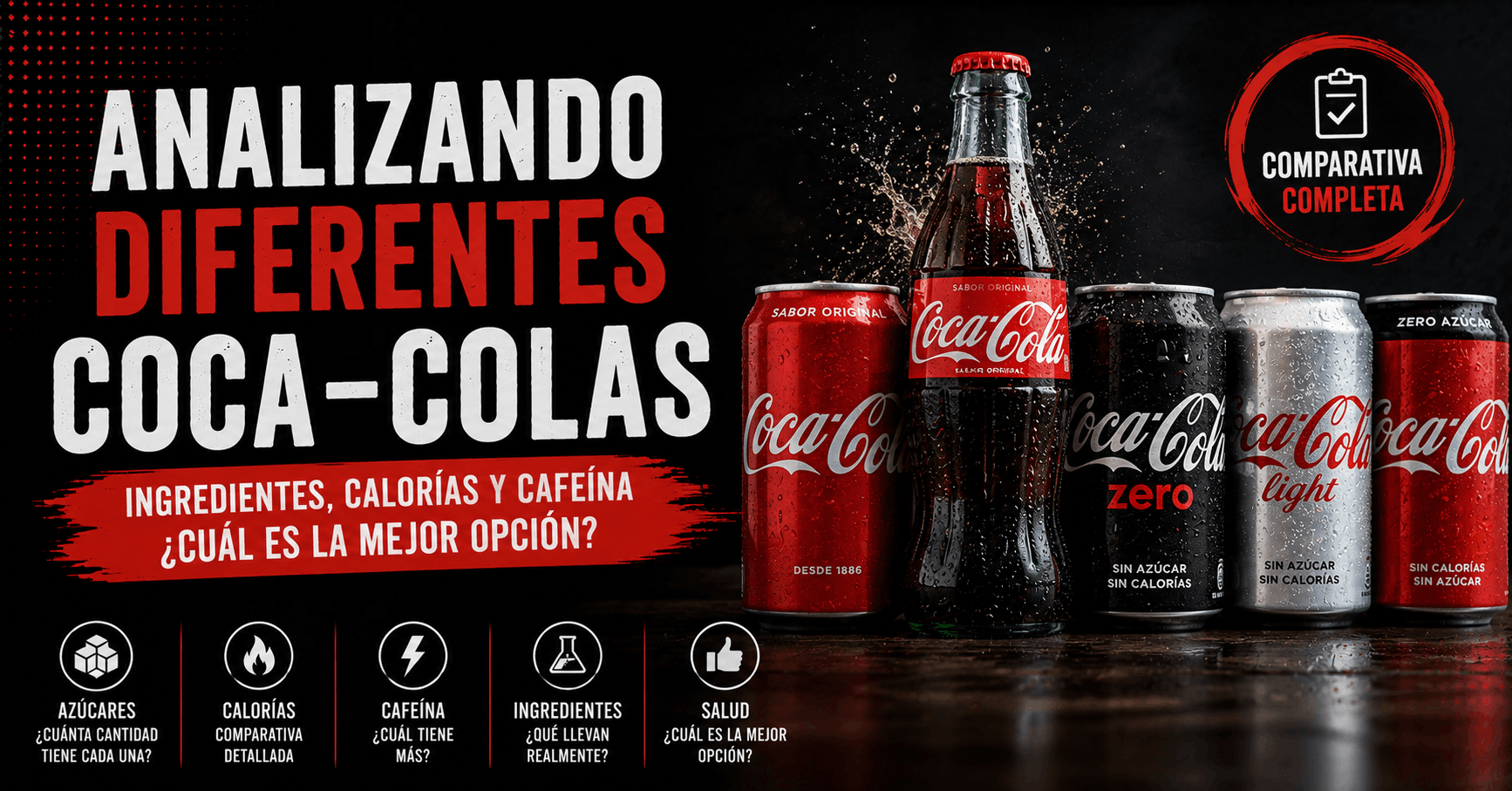 Tipos de Coca-Cola: Qué Contienen y Qué Dice la Ciencia 1 Comparativa de diferentes tipos de Coca-Cola analizando ingredientes, calorías, cafeína y valor nutricional
