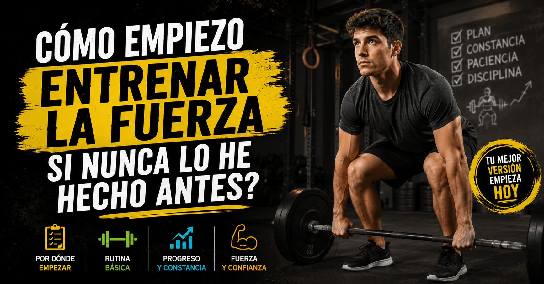 Persona realizando un ejercicio de peso muerto con barra, ideal para aprender cómo empezar a entrenar la fuerza desde cero.