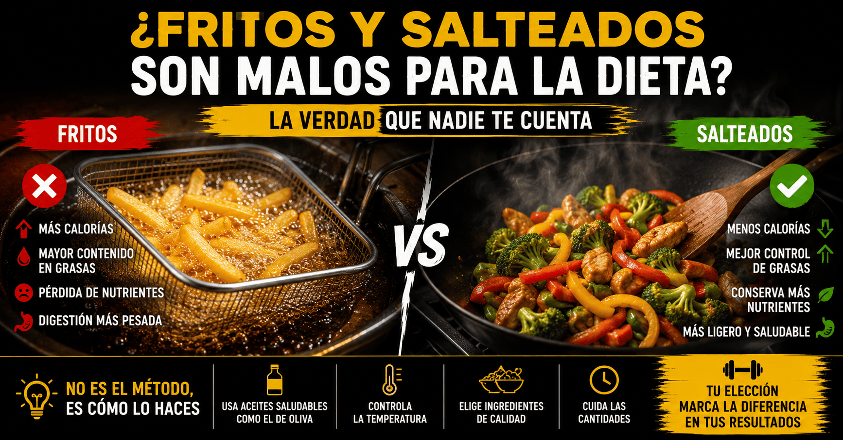 ¿Los fritos y salteados son malos para la dieta? Comparativa entre ambos métodos de cocción y su impacto en las calorías, las grasas y los nutrientes.