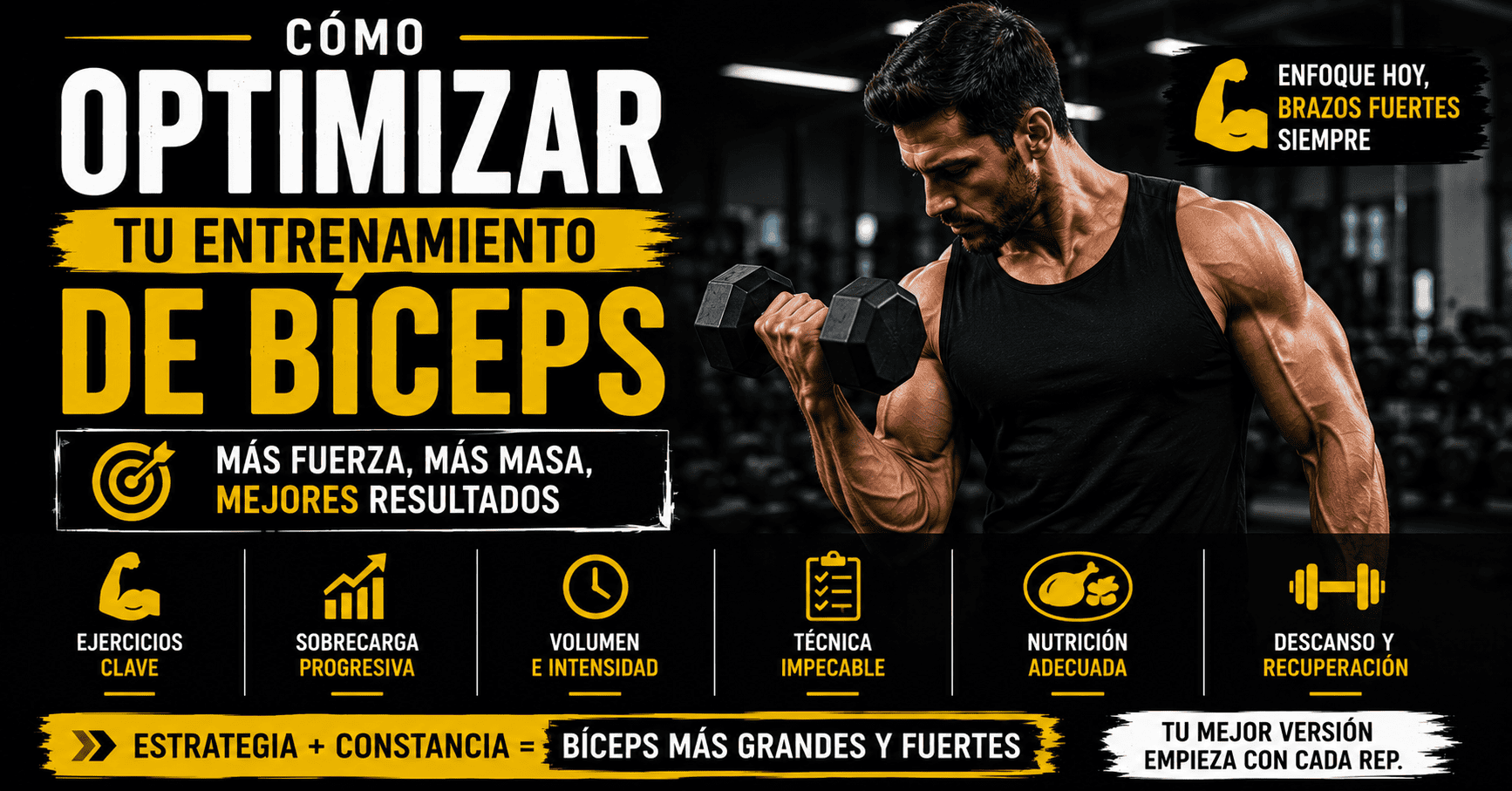 Cómo optimizar tu entrenamiento de bíceps con los mejores ejercicios, sobrecarga progresiva, técnica correcta y una recuperación adecuada.