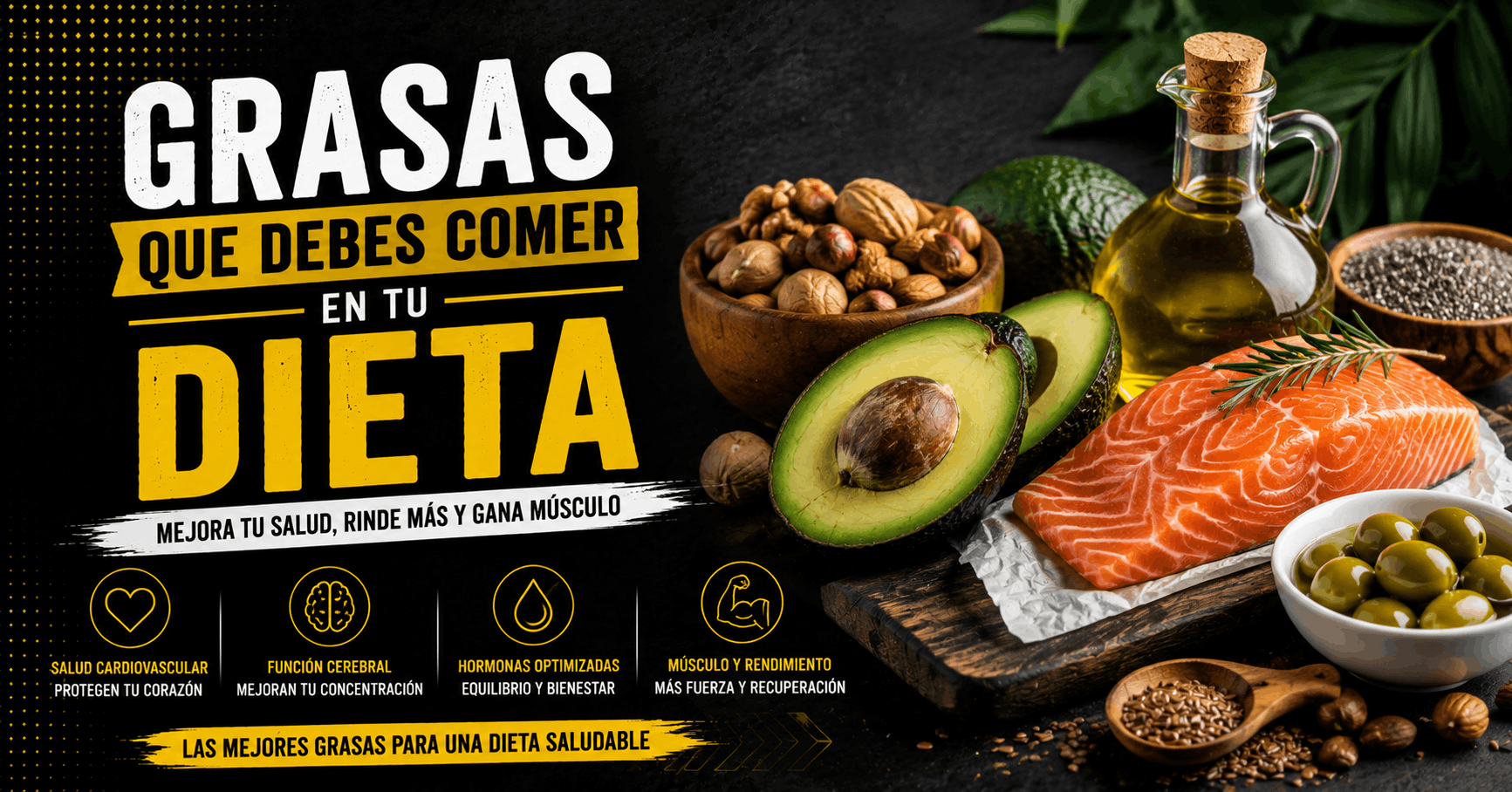 Alimentos con grasas saludables como aguacate, salmón, aceite de oliva, frutos secos y aceitunas para una dieta equilibrada