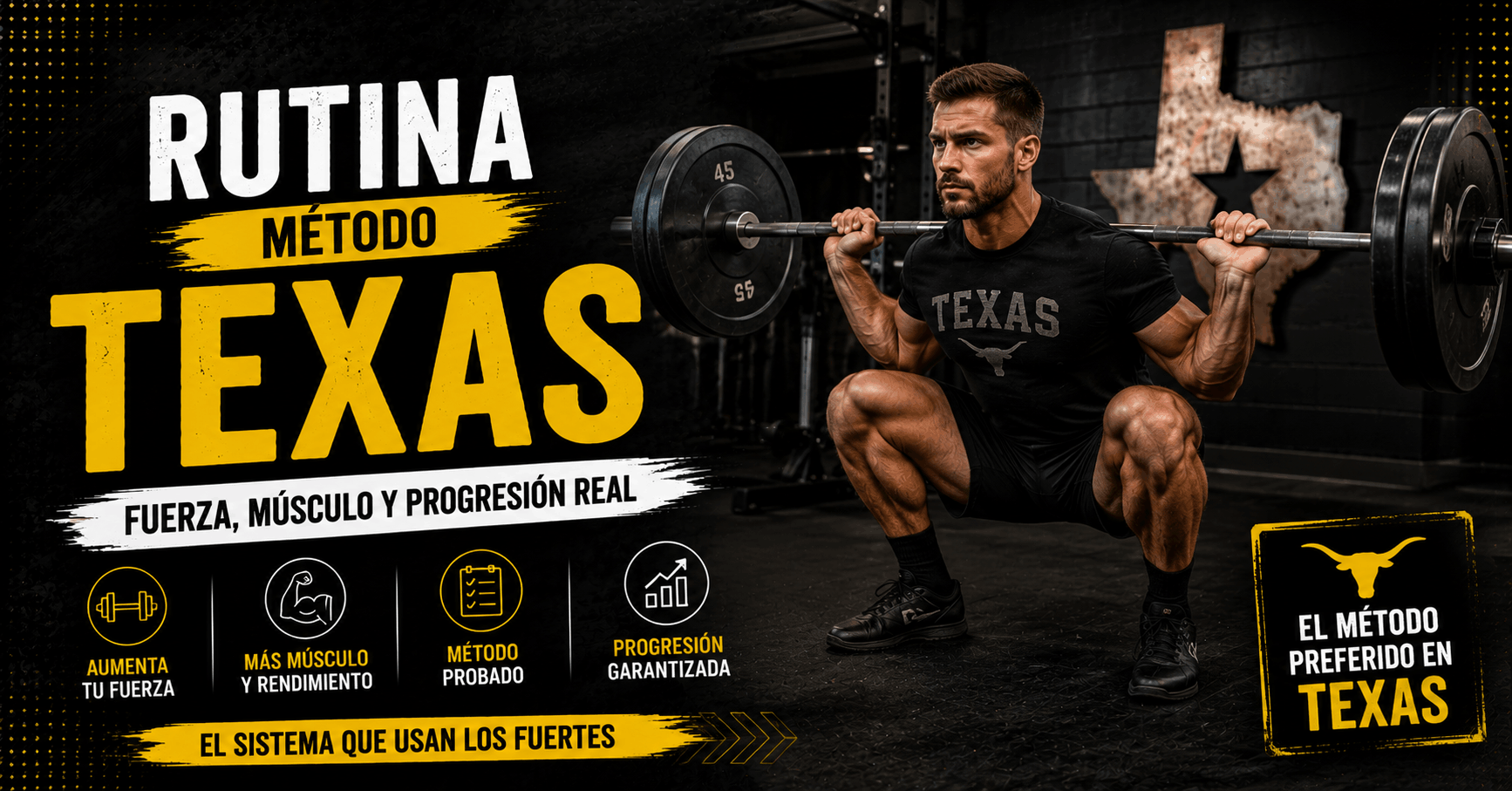 Persona realizando sentadilla con barra siguiendo la rutina del Método Texas para ganar fuerza y masa muscular