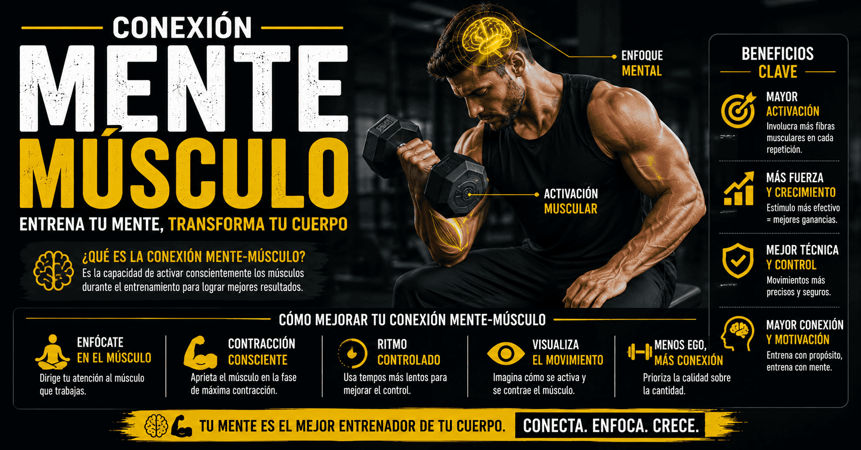 Infografía horizontal sobre la conexión mente-músculo en el entrenamiento de fuerza. La imagen presenta a un deportista realizando un curl de bíceps con mancuernas, acompañado de elementos gráficos que representan la activación muscular y el enfoque mental. El diseño explica cómo mejorar la conexión mente-músculo mediante la concentración, la contracción consciente, el control del ritmo y la visualización del movimiento para aumentar la activación muscular, mejorar la técnica y potenciar el crecimiento muscular.