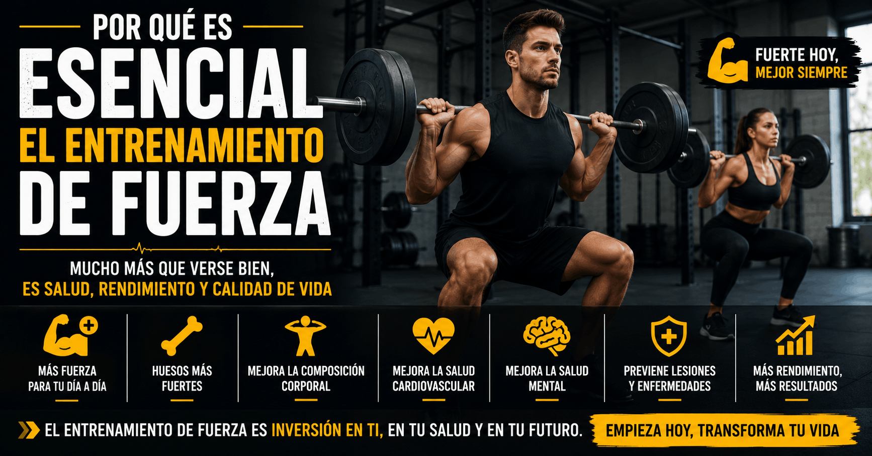 Entrenamiento de fuerza con ejercicios de sentadilla para mejorar la masa muscular, la densidad ósea, la salud cardiovascular y el rendimiento físico. Imagen sobre los beneficios de levantar pesas para la salud, la longevidad y la calidad de vida.