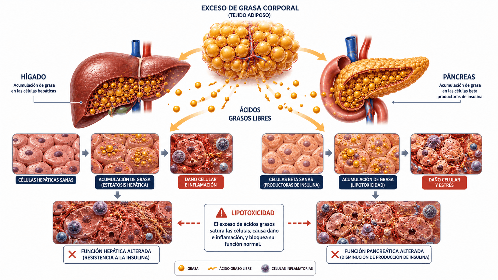 Diagrama explicativo sobre el exceso de grasa corporal - lipotoxicidad
