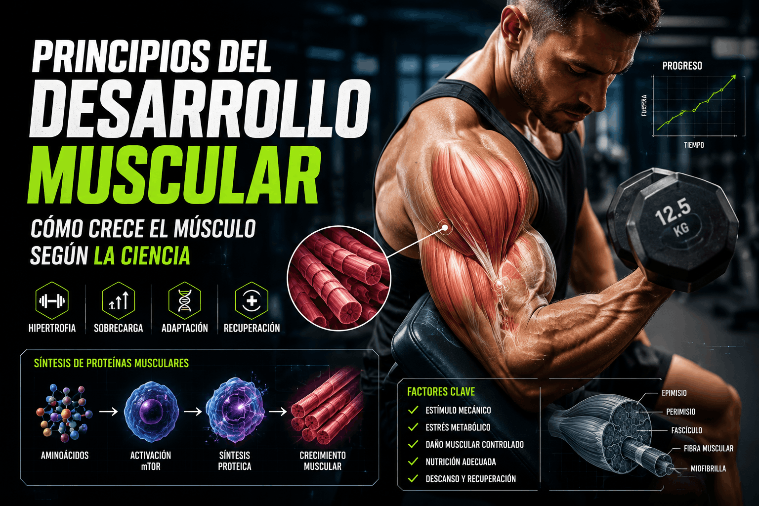 Ilustración científica del desarrollo muscular mostrando hipertrofia, síntesis proteica y crecimiento muscular durante el entrenamiento de fuerza.