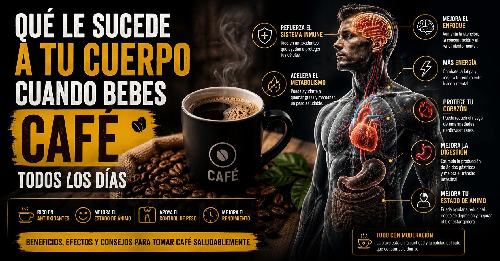 Beneficios y efectos de beber café todos los días, incluyendo energía, concentración, metabolismo y salud cardiovascular.