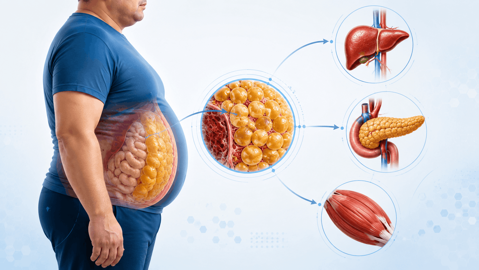 Ilustración médica sobre obesidad y órganos