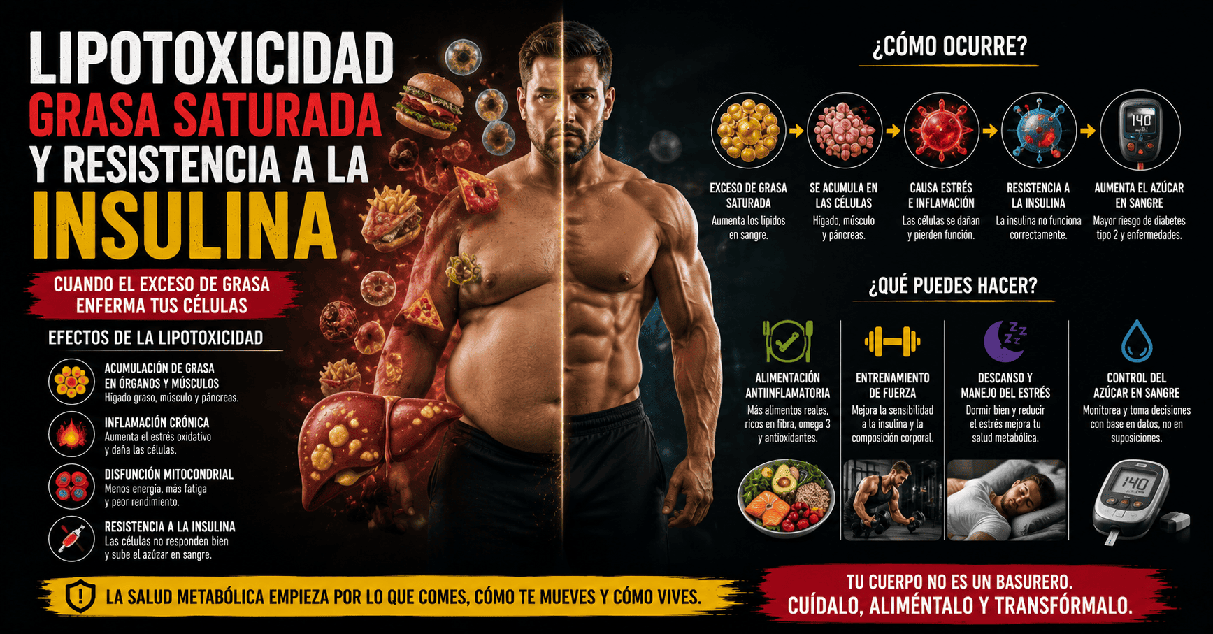 Infografía horizontal sobre la relación entre la lipotoxicidad, el exceso de grasa saturada y la resistencia a la insulina. La imagen muestra un cuerpo humano dividido visualmente entre un estado de acumulación de grasa y un estado saludable y musculado, ilustrando el impacto metabólico del exceso de lípidos. El diseño explica cómo la acumulación de grasa en órganos y tejidos puede provocar inflamación, estrés celular, disfunción metabólica y resistencia a la insulina. También presenta estrategias para mejorar la sensibilidad a la insulina, como la alimentación saludable, el entrenamiento de fuerza, el descanso adecuado y el control de la glucosa en sangre.