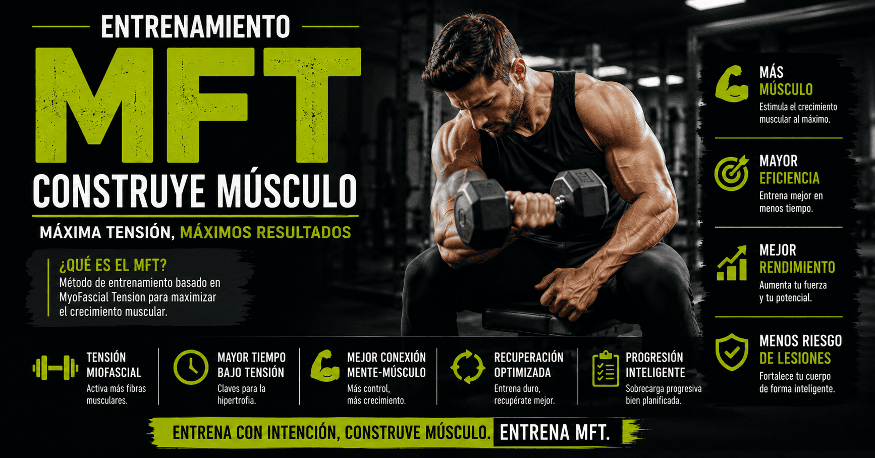 Infografía horizontal sobre el entrenamiento MFT (MyoFascial Tension) para el desarrollo muscular. La imagen muestra a un atleta realizando un curl con mancuernas en un gimnasio profesional. El diseño destaca los beneficios del método MFT, como aumentar la masa muscular, mejorar la eficiencia del entrenamiento, optimizar la recuperación y reducir el riesgo de lesiones. También explica conceptos como la tensión miofascial, el tiempo bajo tensión y la conexión mente-músculo para maximizar la hipertrofia.