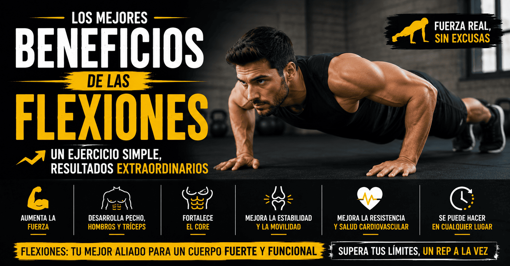 Beneficios de las flexiones para aumentar la fuerza, desarrollar el pecho, los hombros y los tríceps, y mejorar la resistencia física.