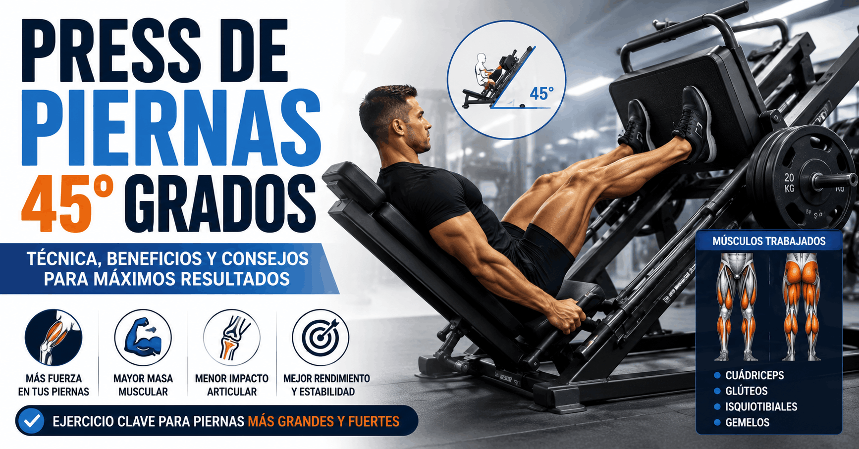 Press de piernas a 45 grados en máquina inclinada mostrando la ejecución correcta del ejercicio y los músculos implicados. Imagen orientada al entrenamiento de fuerza para desarrollar cuádriceps, glúteos, isquiotibiales y gemelos de forma segura y efectiva.