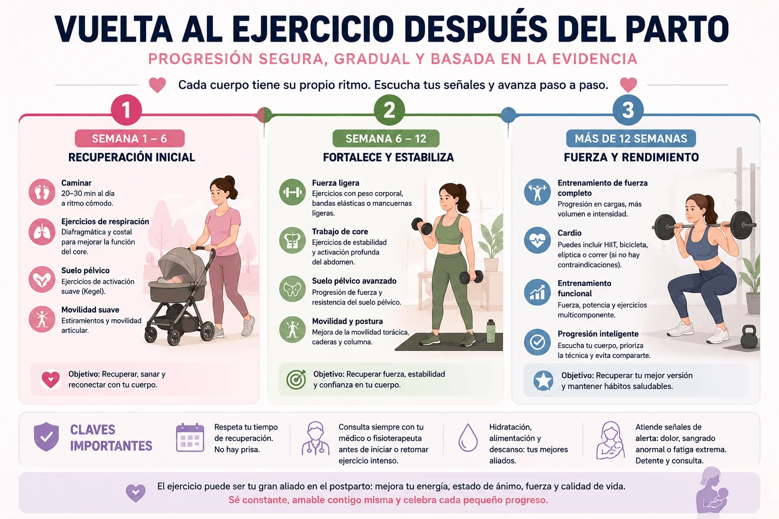 Progresión de ejercicio postparto en tres fases: semanas 1-6 (recuperación), 6-12 (fuerza) y más de 12 (rendimiento)