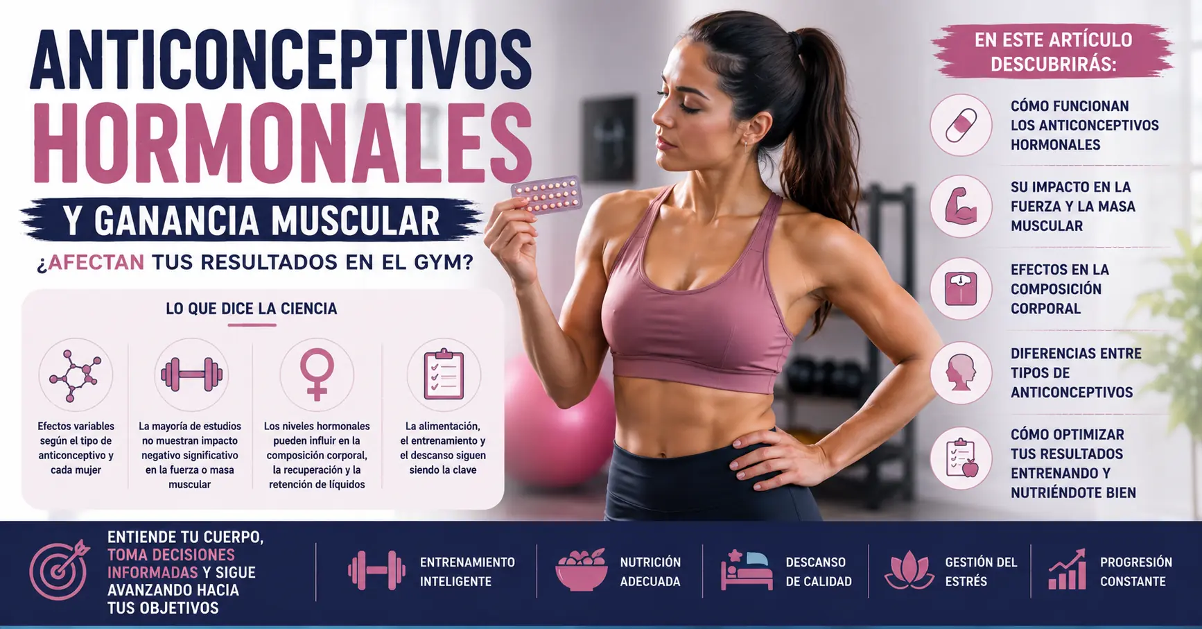 Mujer deportista sujetando anticonceptivos hormonales para explicar su impacto en la ganancia muscular, la fuerza y la composición corporal según la evidencia científica