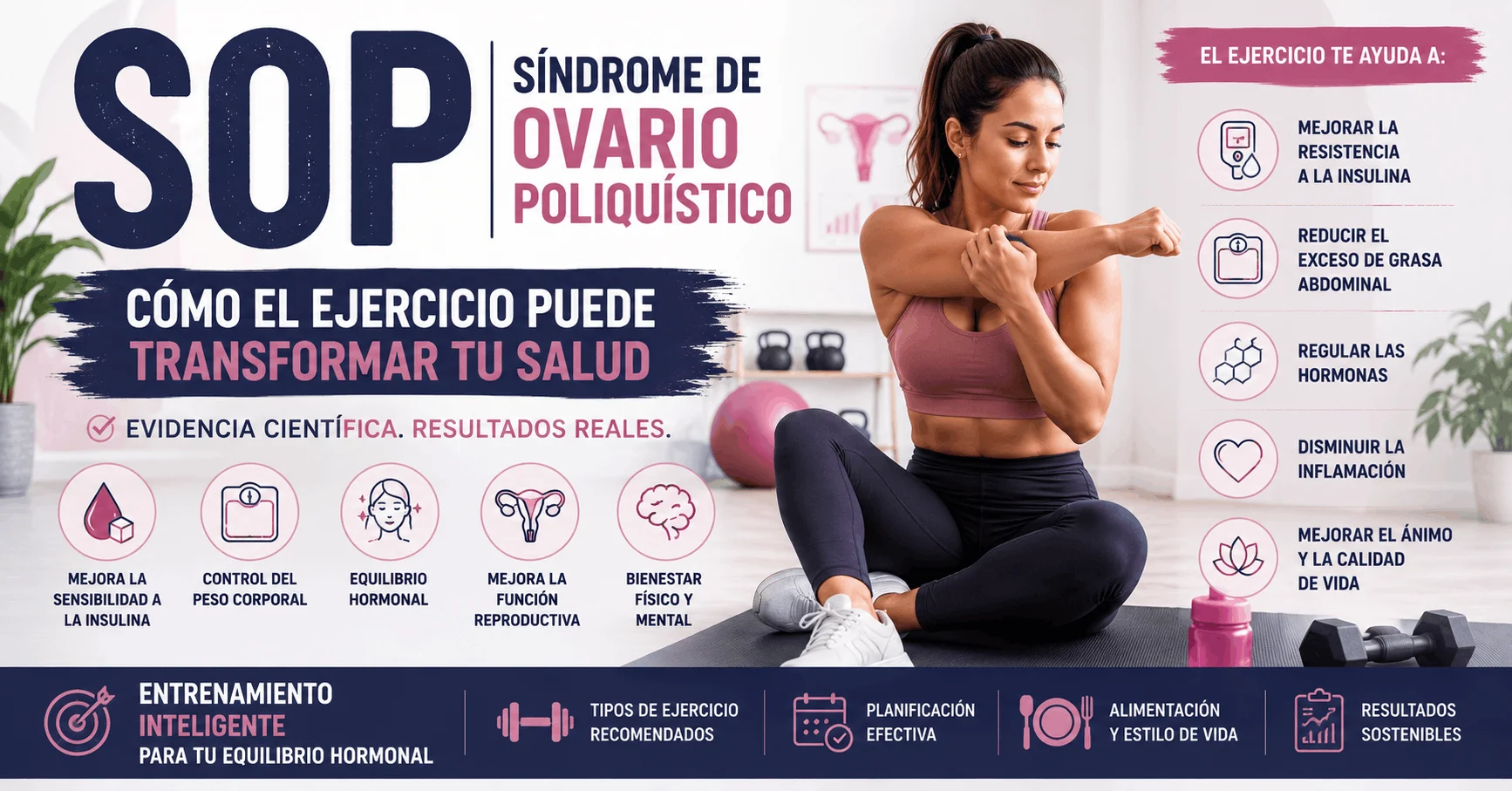 SOP (Síndrome de Ovario Poliquístico) y Ejercicio: Qué Dice la Ciencia 1 Mujer realizando ejercicio físico para mejorar los síntomas del síndrome de ovario poliquístico (SOP), la sensibilidad a la insulina y el equilibrio hormonal