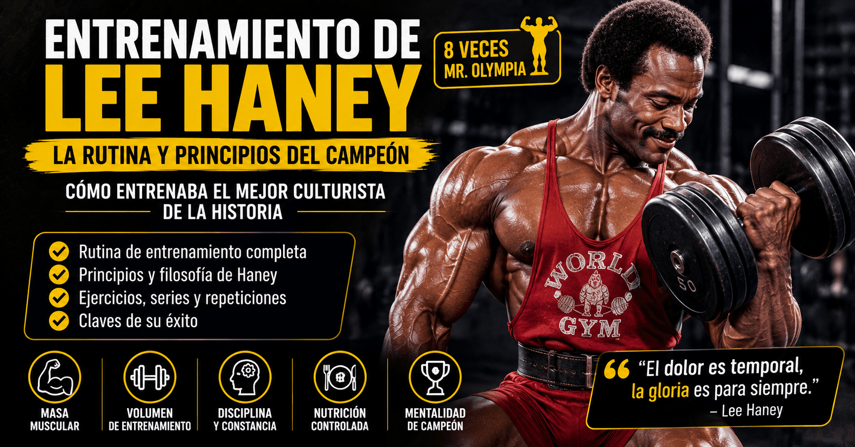 Plan de entrenamiento del culturista Lee Haney 3 Lee Haney entrenando con mancuernas mostrando su rutina de entrenamiento para ganar masa muscular, fuerza y simetría