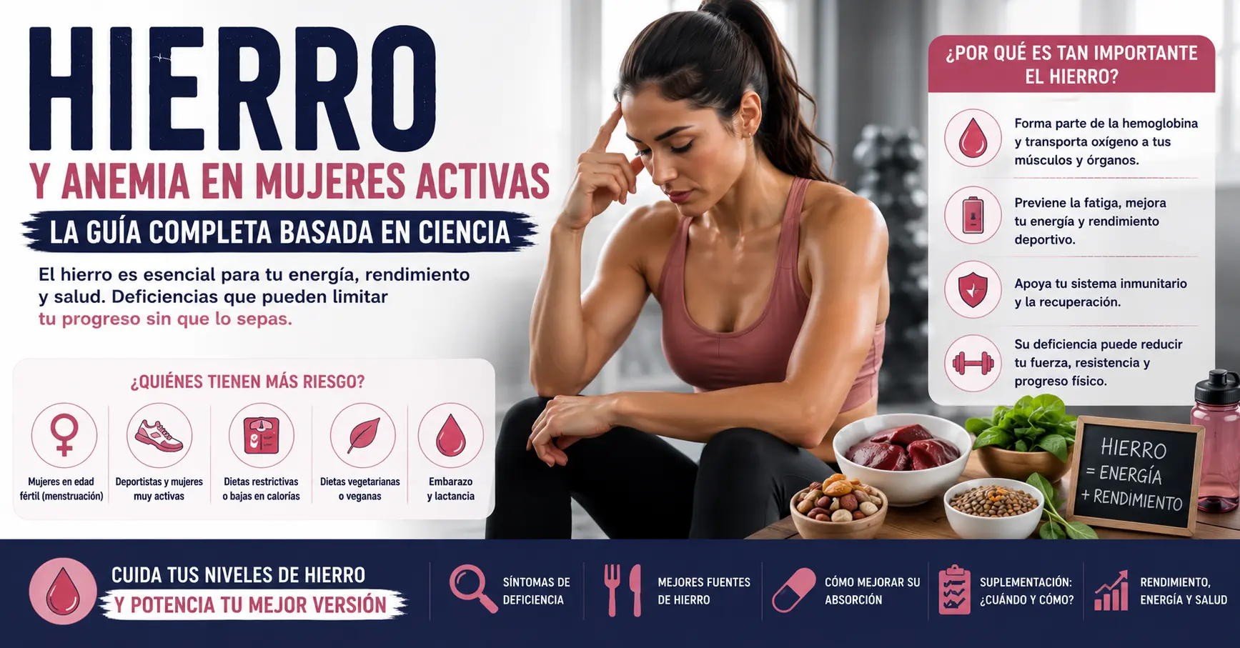 Mujer deportista con anemia ferropénica explicando la importancia del hierro para el rendimiento deportivo, la energía, la recuperación y la salud femenina