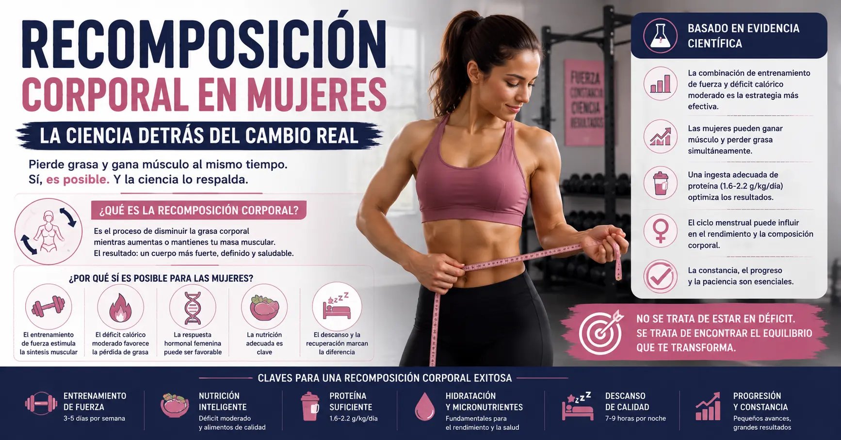 Mujer realizando una recomposición corporal mediante entrenamiento de fuerza y nutrición para perder grasa y ganar masa muscular según la evidencia científica
