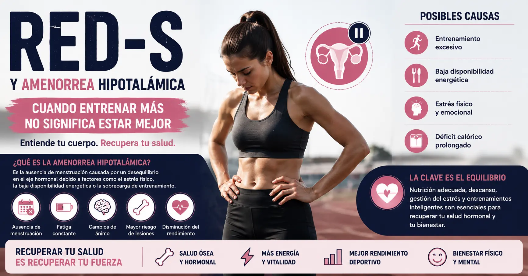 RED-S y Amenorrea Hipotalámica: Cuando Entrenar Mucho Pasa Factura 8 Deportista con amenorrea hipotalámica y RED-S mostrando los efectos del déficit energético y la importancia del entrenamiento, la nutrición y la recuperación para la salud hormonal