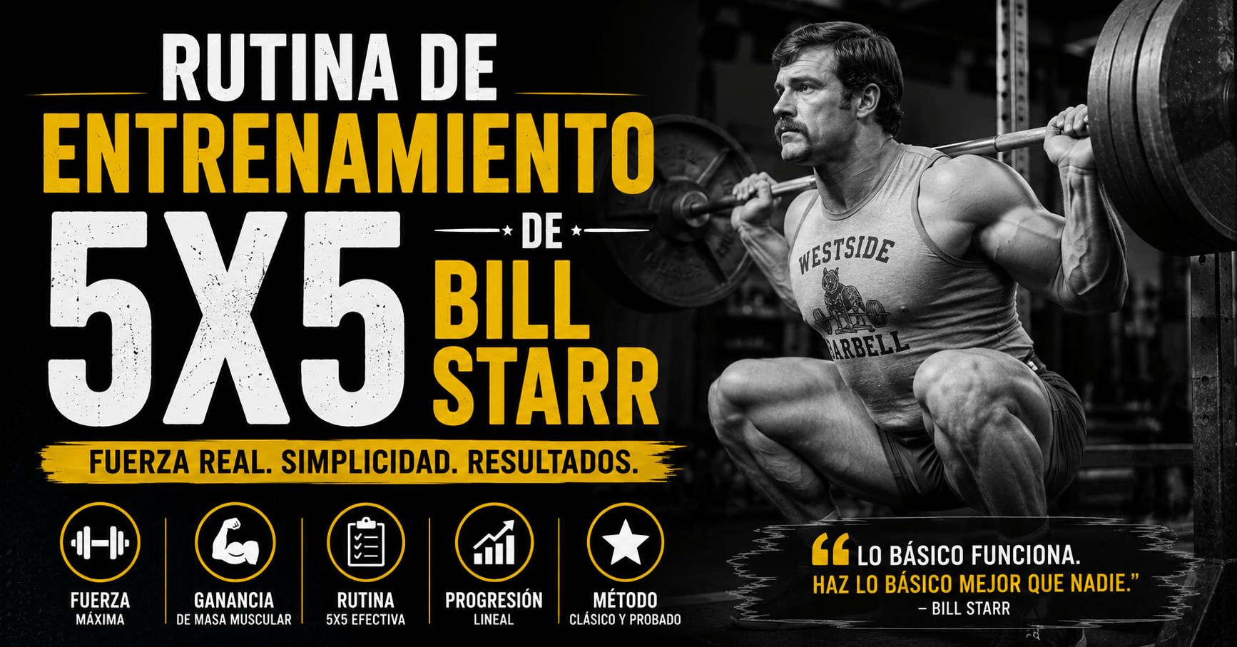 Rutina 5x5 de Bill Starr: Programa Completo de Fuerza 4 Atleta realizando una sentadilla con barra siguiendo la rutina de entrenamiento 5x5 de Bill Starr para ganar fuerza y masa muscular