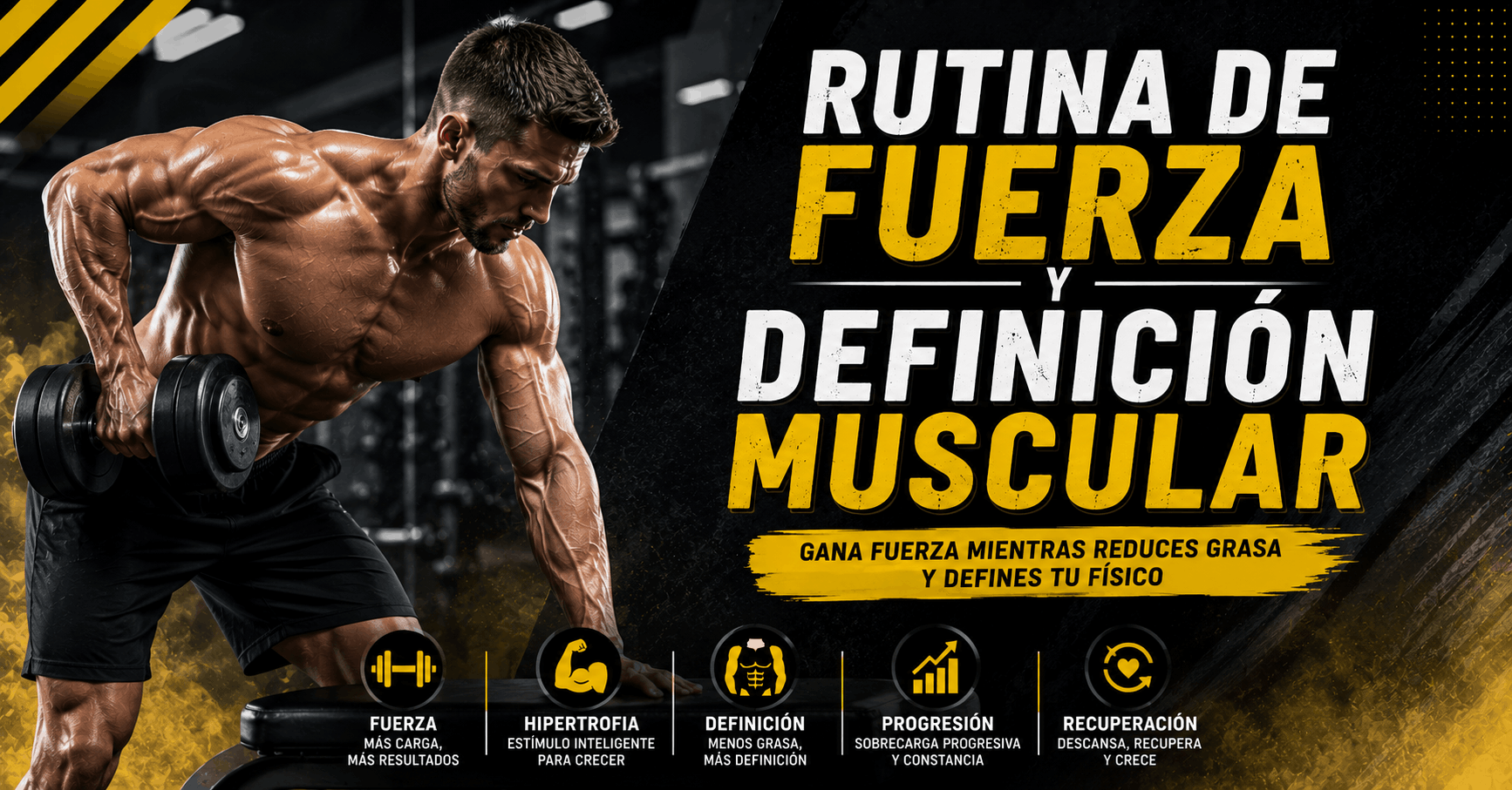 Rutina de Fuerza de 12 Semanas para Definición Muscular 5 Hombre realizando una rutina de fuerza y definición muscular con pesas para ganar músculo, aumentar la fuerza y reducir grasa corporal